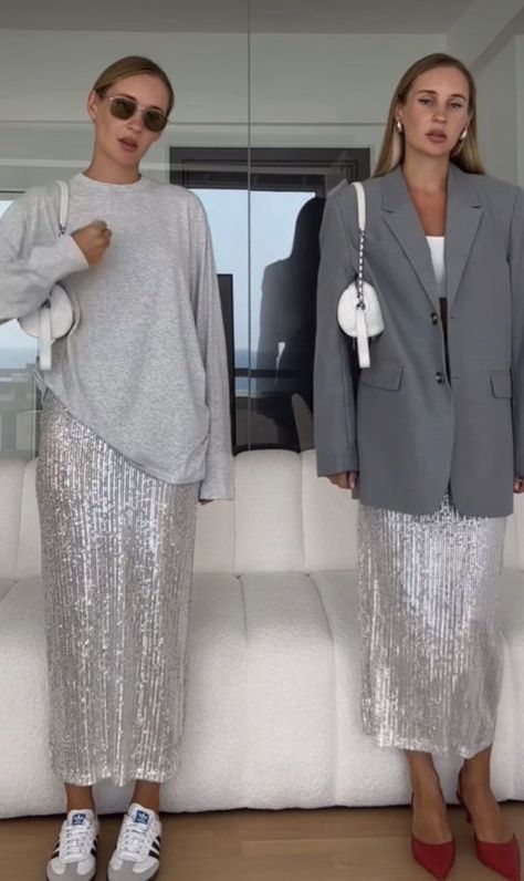 Sequin Winter Outfit, Sequin Dress Street Style, White Sequin Dress Outfit, Sequin Street Style, Silver Sequin Trousers Outfit, Sequin Silver Skirt Outfit, Silver Maxi Skirt Outfit, Silver White Outfit, Silver Metallic Skirt Outfit