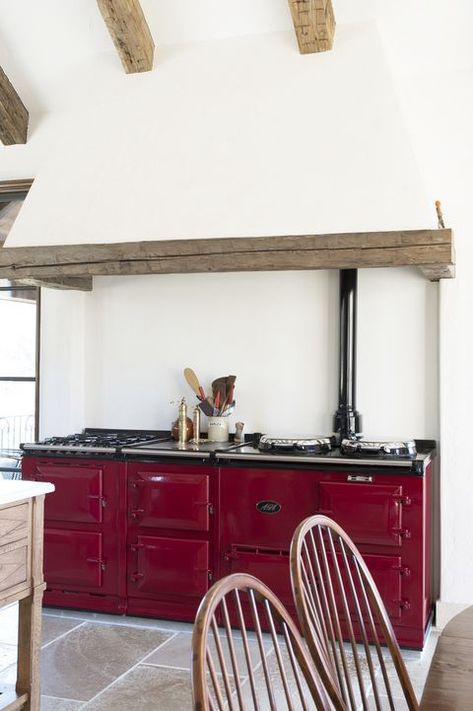 red kitchens Red Aga Kitchen, Aga Stove Kitchen, Aga Oven, Aga Kitchen, Aga Stove, Aga Cooker, Dream Things, Small Apartment Kitchen, European Kitchens