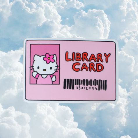 hello kitty on a library card! so cute and perfect for all those lovers of pink and sanrio! the sticker is perfect to put on phones, laptops, notebooks and more! Hello Kitty Notebook Cover, Library Card Sticker, Hello Kitty Reading, Library Card Printable, Cute Library, Library Stickers, Kindle Skin, Pink Stickers, Poetry Day