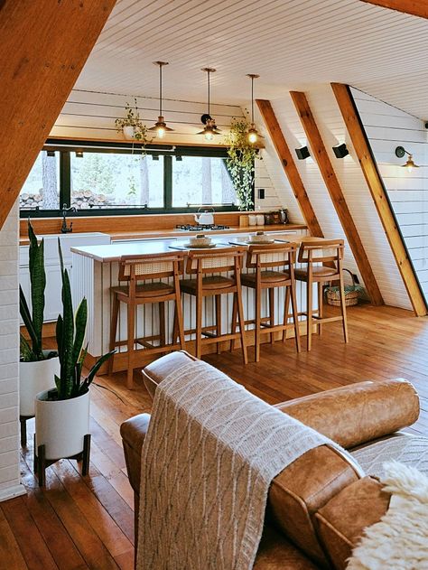 Cozy A-Frame Cabin: A Charming Retreat Nestled in Nature’s Embrace - Half A Frame Cabin, A Frame Cabin Living Room, A Frame House Decorating Ideas, Modern A Frame Interior, A Frame Home Decor, A Frame Renovation, A Frame Mountain Home, A Frame In The Woods, Micro A Frame Cabin