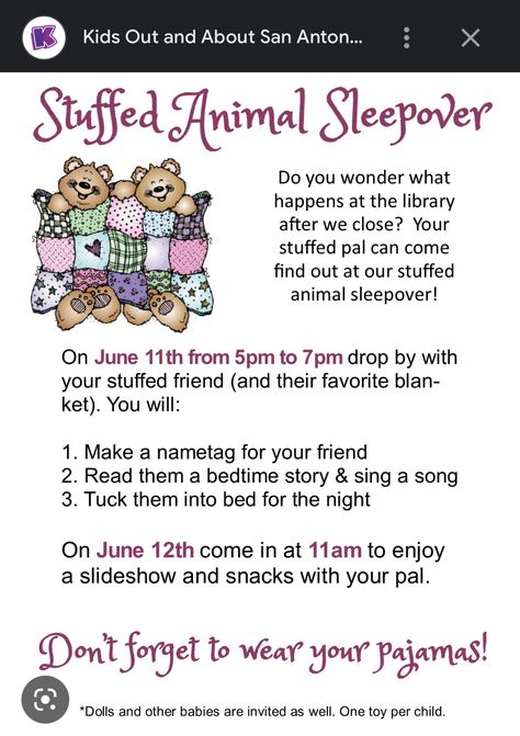 Stuffed Animal Sleepover At The Library, Stuffy Sleepover, Stuffed Animal Sleepover, Flannel Boards, Bear Picnic, Library Events, Events Ideas, Sleepover Ideas, Teddy Bear Picnic