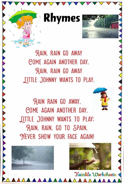 Rain Rain go away rhymes/ English rhymes for kindergarteners. Children have to read aloud the rhymes for 3 times. Have fun learning with us!. Rhymes For Kindergarten, English Rhymes, Easy English, Going To Rain, Rain Rain, Fun Math, Worksheets For Kids, Read Aloud, Fun Learning