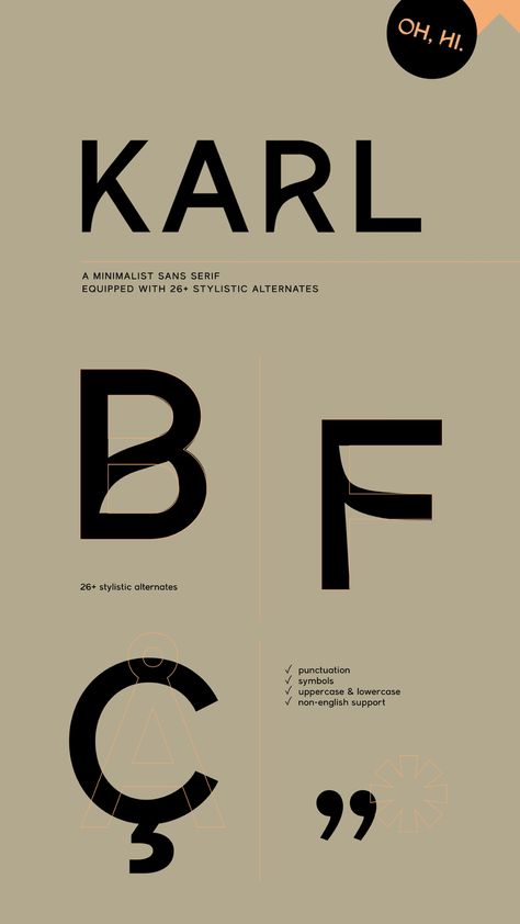 Karl is a bespoke & minimalist sans serif typeface perfectly suited for designing unique brands, bold packaging and much more! This font is equipped with 26 stylistic alternates to make everything you design look refined, unique and professional in seconds. The thoughtfully designed alternate glyphs in combination with the clean and timeless main characters create the perfect balance for your design project. Shop the font here: www.localdesk.de/fonts #graphicdesign #branding #modernfont Serif And Sans Serif Logo, Bold Logo Design Typography, Clean Serif Fonts, Logo Serif Font, Modern Sans Serif Logo, Simple Type Logo, Unique Sans Serif Font, Bold Sans Serif Fonts, Modern Serif Typeface