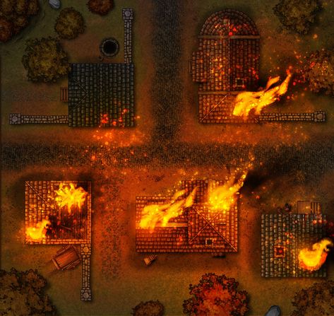 Burning Town | Inkarnate - Create Fantasy Maps Online Inkarnate Maps Town, Dnd Town Battle Map, City Burning Art, Burning City Battlemap, Dnd Burning Village, Town Battle Map D&d, Burning Village Battlemap, Dnd Town Map, Burning Town