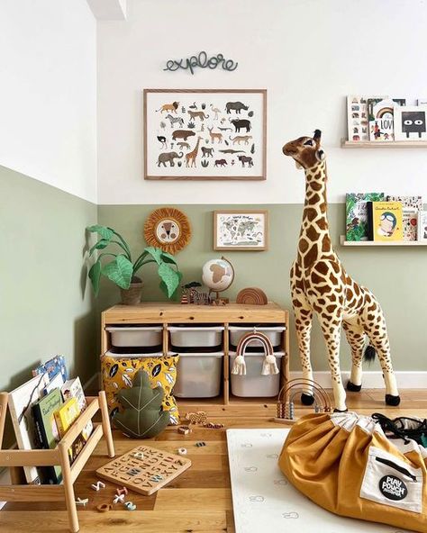 Hayley • Kid of the Village on Instagram: "SAFARI 💛🦒 Who has a Safari play space or bedroom at home? 🙋‍♀️ Create this theme with with my Safari Animals and World Map prints - tap the link in my bio to shop and get 15% off any 3 prints, no discount code needed! Let me know if you have any questions! Hayley x #safaritheme #toddlerlife #kidsinteriors #kidsfurniture #childrensprints #nursery #wallhanging #playroominspo #boysroom #homedecor #freedownload #montessori #kidsdecor #worldmap" Safari Toddler Room, Boys Safari Bedroom, Jungle Bedroom Kids, Safari Bedroom, Jungle Bedroom, Safari Room, Animal Bedroom, Toddler Boy Room Decor, Boy Toddler Bedroom