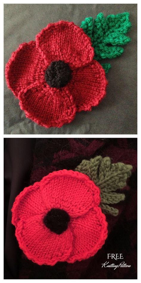 Knit Poppy Flower Free Knitting Patterns - Knitting Pattern Free Knitted Flower Patterns, Knitted Poppy Free Pattern, Knitted Flowers Free, Crochet Poppy Free Pattern, Crochet Poppy Pattern, Leaf Knitting Pattern, Knitted Poppies, Free Crochet Amigurumi Patterns, Knitted Flower Pattern