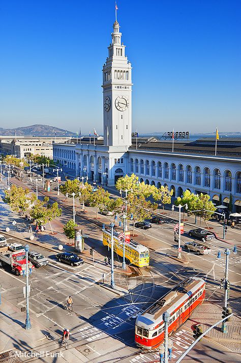 Street Cars On The Embarcadero With The Ferry Building In The Background www.mitchellfunk.com San Francisco Girls, San Francisco Cable Car, San Francisco City, Pacific Coast Highway, White City, California Dreamin', Most Beautiful Cities, Street Cars, Pacific Coast