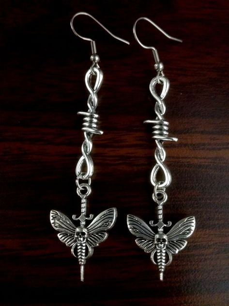 Barbed Wire Earrings, Moth Earrings, Grunge Earrings, Deaths Head, Skull Moth, Dark Earrings, Earrings Gothic, Goth Earrings, Edgy Jewelry