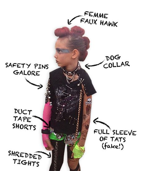 DIY Punk Rocker Costume via @elumdesigns Punk Rockers 80s, Diy Rocker Costume, Punk Rocker Halloween Costume, Rock Star Family Costume, Kids Rockstar Costume Diy, Punk Rock Costume Women, Rockstar Dress Up, Rockstar Costume Kids, Rockstar Hair For Kids