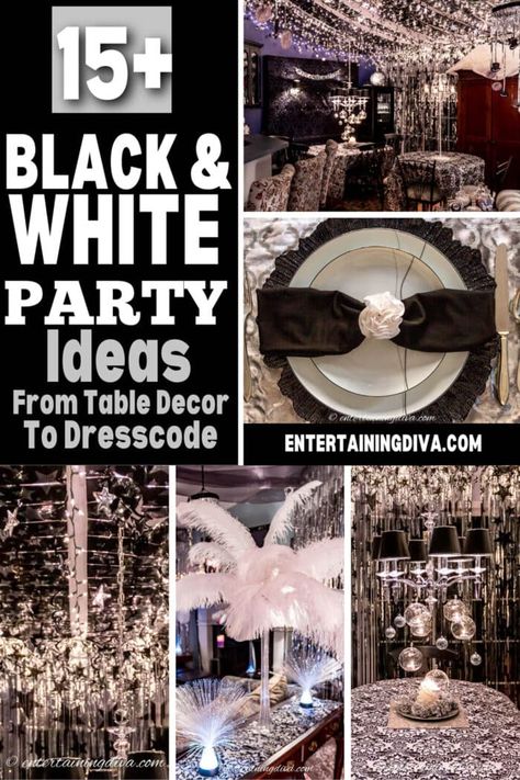 Create a classic look for your next party by using these Black & White party decor ideas. Here's an impressive list with 15+ elegant black & white party ideas. Black White Silver Birthday Decorations, Black White Party Ideas, Black White And Silver Party Decorations, Black And White Party Ideas, Black And White Themed Party, White Party Ideas, White Party Decor, Black And White Party Decorations, Black White Party