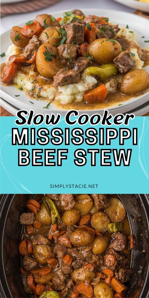 Slow Cooker Mississippi Beef Stew - Make this southern classic recipe in your Crockpot. You'll love the tender beef and veggies in a flavorful, rich gravy with a bit of zip from the pepperoncini peppers. The best comfort food! Southern Style Crockpot Meals, Mississippi Steak Bites Crockpot, Fall Stew Recipes Crock Pot, Cockpit Beef Stew, Southern Beef Recipes, Crock Pot Beef Stew Easy Slow Cooker, Crockpot Recipes With Stew Meat, Best Beef Stew Crock Pot Recipes, Award Winning Crockpot Recipes