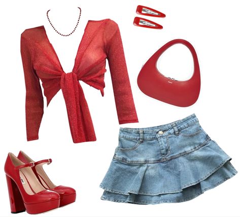 Y2k Red Outfit, Fitsandbits Outfits, Outfits 2000s, Bratz Inspired Outfits, Shein Outfits, 2000s Fashion Outfits, Swaggy Outfits, Red Outfit, Kpop Fashion Outfits