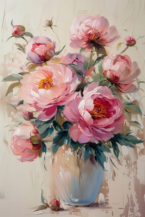 Pink Peonies In Vase, Peony Painting, Photo To Art, Acrylic Painting Flowers, Abstract Flower Art, Flower Painting Canvas, Floral Oil, Flower Art Images, Nature Art Painting