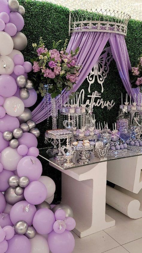 Euphoria Inspired Homecoming Dresses, Purple Suprise Dance Outfit, Quince Table Decorations Lilac, Lavender Themed Sweet 16, Quince Decorations Butterfly, Lavender 15 Decorations, Lilac Quinceanera Ideas Decor, Sweet 16 Party Ideas Lavender, Quince Court Table Purple