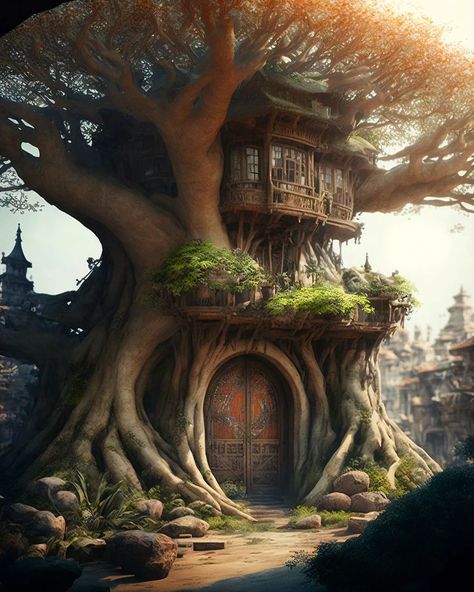 Treehouse Art, Fantasy Treehouse, Beautiful Tree Houses, Fantasy Houses, Fantasy Buildings, Magical House, Fantasy Tree, Cool Tree Houses, Tree House Designs