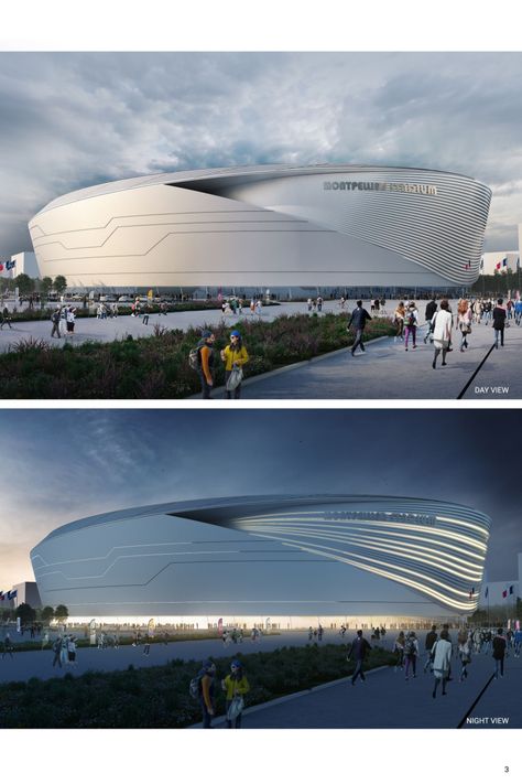 Montpellier Stadium | Concept Architecture Project Stadiums Architecture, Futuristic Stadium, Stadium Facade, Urban Design Project, Masterplan Architecture, Landscape Architecture Diagram, Stadium Lights, Stadium Architecture, International Games