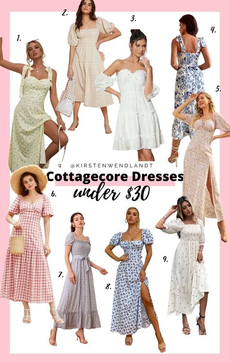 If you're smitten over the cottagecore aesthetic like me you'll definitely love this list list of cheap cottagecore dresses you can buy on a budget! Each of these adorable cottagecore dresses are $30 or under Cheap Cottagecore Clothes, How To Dress Cottagecore, Cottagecore Aesthetic Outfits Winter, Cottage Dress Aesthetic, Bloomcore Aesthetic Outfits, Cottage Core Outfits Aesthetic, Cottage Style Outfits, Cottagecore Outfits Summer, Modern Cottagecore Outfit