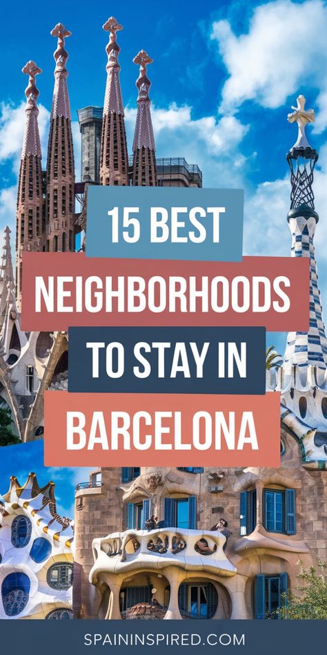 Sagrada Familia and colorful architecture showcasing unique Barcelona neighborhoods. Best Hotels In Barcelona Spain, Barcelona Neighborhoods, Hotels In Barcelona Spain, Barcelona Spain Aesthetic, Barcelona Bucket List, Hotels In Barcelona, Barcelona Vacation, Spain Bucket List, Barcelona Itinerary