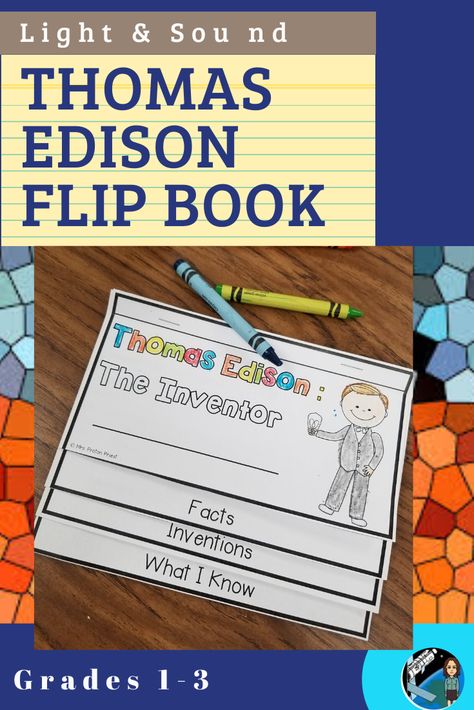 Introduce a science unit on light and sound with this Thomas Edison flip book activity. This Thomas Edison project introduces facts about his life and his inventions. Thomas Edison Project, Thomas Edison Activities, Third Grade Social Studies, Social Studies Lesson Plans, Teaching Printables, Reading Tutoring, Engineering Activities, 1st Grade Science, 5th Grade Social Studies