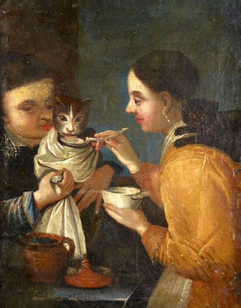 Good News, We Found a Bunch of Old Paintings Where People Are Spoon Feeding Cats Like Babies Medieval Cat, Medieval Cats, Spoon Feeding, Medieval Paintings, Ancient Paintings, Cat Paintings, Historical Painting, Cat Illustrations, Animals In Art