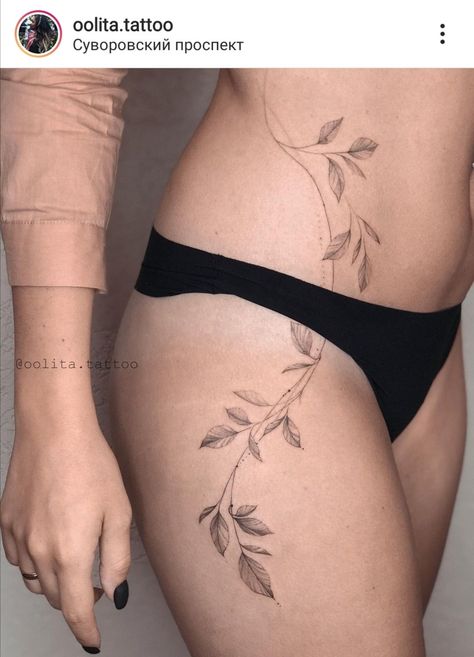 Leaves Tattoo Lower Back, Thigh Leaf Tattoos Women, Side Vine Tattoos Women, Vine Back Tattoo Women, Pikake Tattoo, Back To Hip Tattoos Women, Dainty Side Tattoos For Women, Vine Hip Tattoos Women, Hip Vine Tattoo