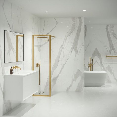 Gold Taps, Showers, Stone Basins & Baths by Lusso Washroom Tiles, Modular Bathrooms, Small Shower Remodel, Gold Shower, Stone Bathroom, Small Showers, Brass Shower, Luxury Shower, 아파트 인테리어