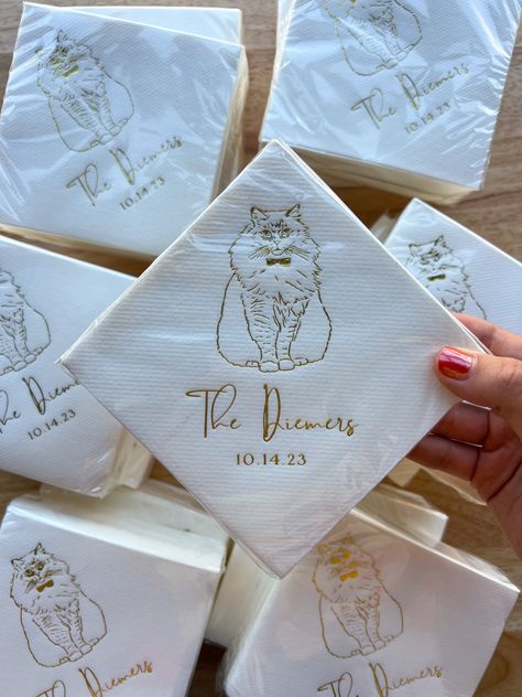 Custom illustration cat napkins for bride! Include Cat In Wedding, Cat Wedding Invitation, Cat At Wedding, Letterpress Wedding Invitation Suite, Custom Wedding Napkins, Cat Wedding, Letterpress Wedding, Cute Engagement Rings, Custom Napkins