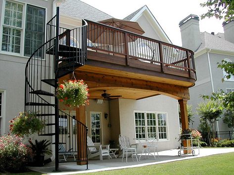 Spiral Staircase Outdoor, Elevated Deck, Decking Fence, Outside Stairs, Second Floor Balcony, Staircase Outdoor, Covered Patios, Addition Ideas, Patio Deck Designs