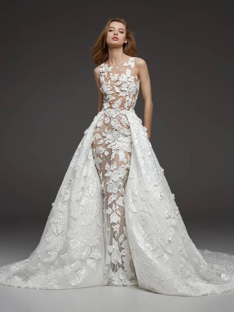 Catya by Pronovias Fall 2019 Sensual Tattoo, Wedding Dress Detachable Skirt, Illusion Wedding Dress, Haute Fashion, Gown Ideas, Pronovias Wedding Dress, Fit And Flare Wedding Dress, White Wedding Dress, Dress Modern