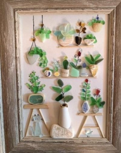 Seaglass Art Plants, Beach Glass Ideas, Sea Glass And Shells Diy Ideas, Seaglass Flower Art, Sea Glass Art Plants, Sea Glass Plants, Diy Seaglass Art Ideas, Diy Sea Glass Art, Diy Sea Glass Crafts