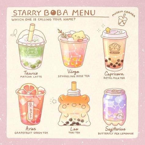 Boba Menu, Bubble Tea Flavors, Food Doodles, 귀여운 음식 그림, Foodie Art, Food Artwork, Cute Food Drawings, Cute Food Art, Cute Animal Drawings Kawaii