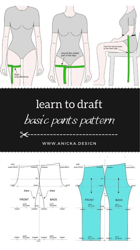 Learn how to draft a basic pants pattern with my step-by-step guide. Use the included pattern calculator to input your custom measurements and simplify the drafting process. This tutorial covers understanding the individual parts of the pattern, measuring, and pattern drafting, making it ideal for beginners and sewing enthusiasts. Start creating custom-fit pants with ease today Pattern Making Pants, Pattern Drafting Pants, Contemporary Sewing Patterns, Sewing Pattern Drafting, How To Sew Pants For Beginners, Diy Sewing Patterns Free, Pant Alterations, Fashion Beginners, Drafting Sewing Patterns