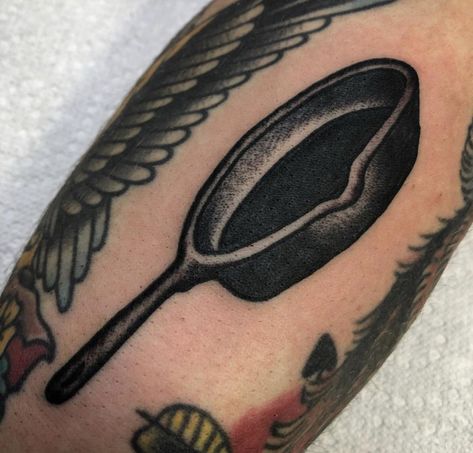 Skillet Tattoo, Cast Iron Skillet Tattoo, Cast Iron Tattoo, Cast Iron Pan Tattoo, Frying Pan Tattoo, Pan Tattoo, Vintage Tattoo Art, South Philly, Vintage Tattoo