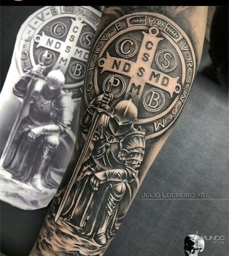 Religious Tattoos For Men, Religion Tattoos, Saint Tattoo, Beautiful Tattoo Designs, Atlas Tattoo, Archangel Tattoo, Celtic Cross Tattoos, Knight Tattoo, Rune Tattoo