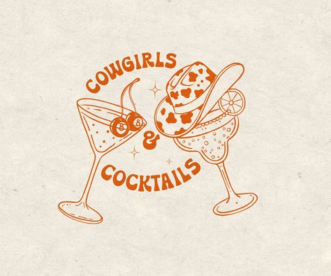 Digital download of "Cowgirls & Cocktails" vector graphic, an illustration that features two western-stylized cocktails and retro funk western text. Use this graphic for party favors, event invitations, or even your own products for sale (separate license purchase) - whatever you like! DIGITAL DOWNLOAD ONLY! This digital download provides all the file types you should need. PDF files are ready for printing, making them ideal for home decorations such as posters and wall art. For digital use, JPG Western Airbnb, Cowboy Graphic Design, Retro Illustration Graphics, Margarita Illustration, Western Graphic Design, Cowboy Boot Graphic, Mexican Illustration, Retro Western Aesthetic, Cowgirl Illustration