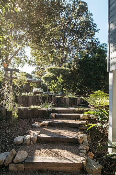 Railway Sleepers Garden, Sleepers In Garden, Australian Garden Design, Landscape Stairs, Australian Native Garden, Garden Stairs, Sloped Garden, Australian Garden, Garden Steps