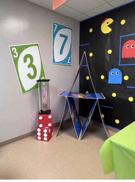 Arcade Theme Classroom, Game Centre Design, Board Game Theme Decorations, Arcade School Theme, Video Game Activities, Game Theme Classroom Decor, Board Game School Theme, Board Game Classroom Theme, Game Decorations Ideas