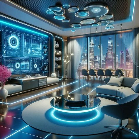 Robotics Lab Interior Design, Arcade Business, High Tech Office, Futuristic Rooms, Futuristic Home Design, Futuristic Living Room, Scifi Decor, Futuristic Room, High Tech Interior