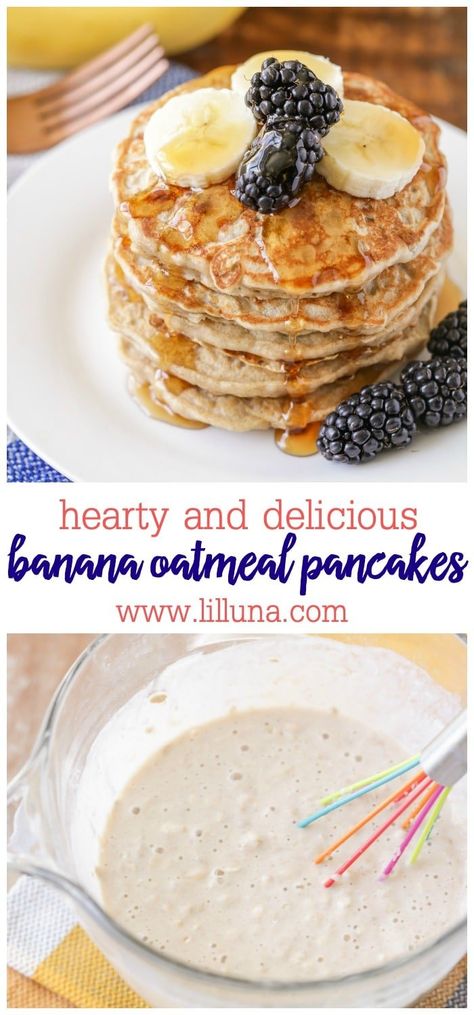 Hearty banana oatmeal pancakes that make the most delicious breakfast! Topped with fresh fruit and a little maple syrup! Absolutely divine! #bananaoatmealpancakes #oatmealpancakes #bananapancakes #bananaoatmeal #pancakes Oatmeal Banana Pancakes, Oatmeal Pancakes Healthy, Oatmeal Pancakes Recipe, Light And Fluffy Pancakes, Banana Oatmeal Pancakes, Pancakes And Bacon, Banana Powder, Blueberry Sauce, Oatmeal Pancakes