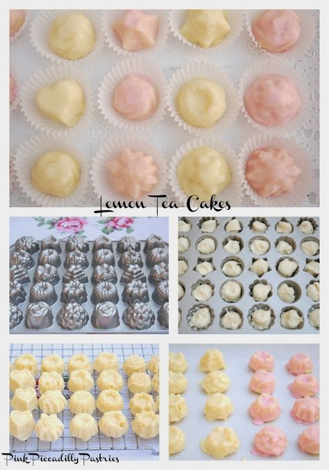 Pink Piccadilly Pastries: Fabulous Lemon Tea Cakes Mini Tea Cakes, Nordicware Recipes, Tiny Desserts, Petit Four Recipes, Petite Fours, Lemon Tea Cake, Cakes Easy, Vanilla Tea, Ladies Tea