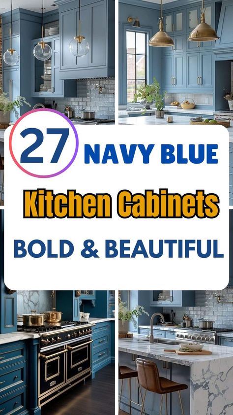 Navy Cabinets With Gold Hardware, Kitchen With Navy Cabinets, 2 Tone Kitchen Cabinets, Navy Blue Cabinets, Navy Blue Kitchen Cabinets, Walnut Kitchen Cabinets, Trendy Kitchen Design, Farmhouse Kitchen Colors, Navy Cabinets