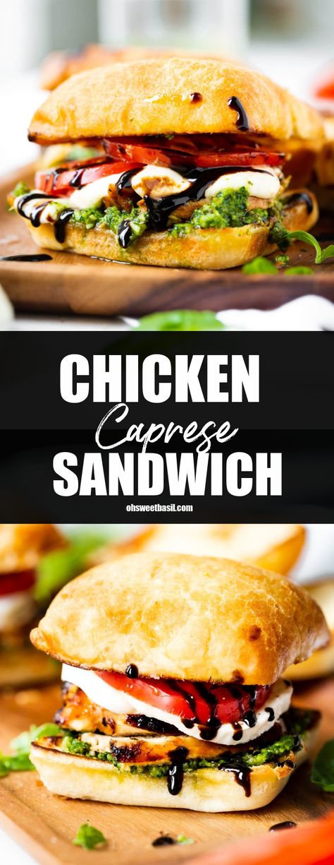 Sandwich Recipes Chicken, Chicken Caprese Sandwich, Caprese Sandwich Recipe, Grilled Chicken Sandwich Recipes, Chicken Pesto Sandwich, Chicken Caprese, Pesto Sandwich, Caprese Sandwich, Oh Sweet Basil