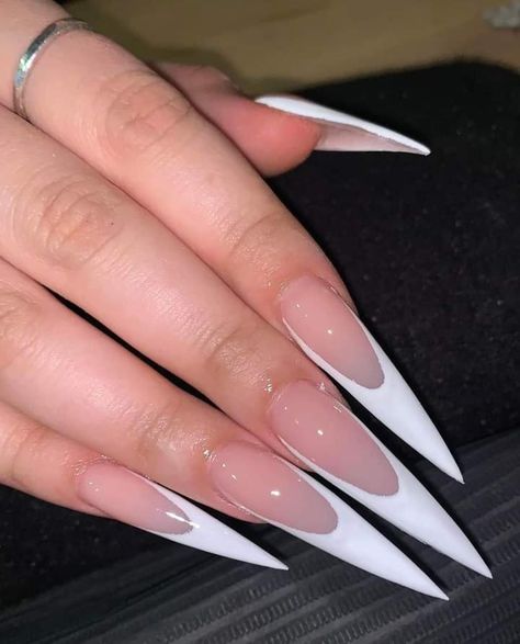 Super Sharp Stilleto Nails, Stiletto French Tip, French Tip Stiletto, French Stiletto Nails, Pointy Acrylic Nails, White Stiletto Nails, Acrylic Nails Stiletto, Stilleto Nails Designs, Long Stiletto Nails