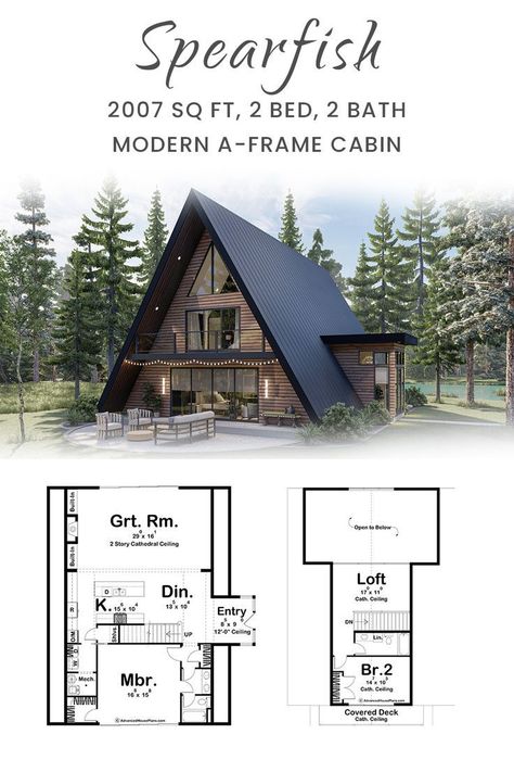 House Plans With Loft, 2 Story Great Room, Modern A Frame Cabin, Modern A Frame, Cabin Plan, A Frame Cabin Plans, House Plan With Loft, A Frame Cabins, A Frame House Plans