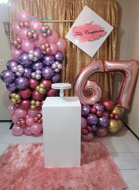 Rose Gold Pink Purple Party, Purple And Gold Balloon Backdrop, Pink Purple Gold Balloon Garland, Pink And Plum Balloon Arch, Mom Party Decoration, Pink Purple Rose Gold Balloons, Gold And Purple Photo Backdrop, Pink Purple Party, 67th Birthday