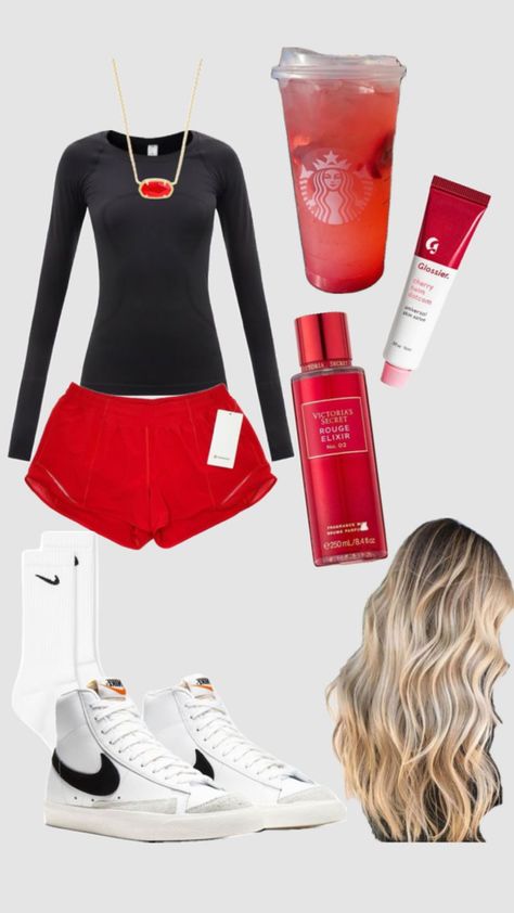 Red Lululemon Outfit, Red Nike Shorts Outfit, Red Lulu Shorts Outfit, Red Athletic Outfit, Red Lululemon Shorts Outfit, Outfits With Lulu Shorts, Red Lulu Shorts, Lulu Shorts Outfit, Nike Pros Outfit