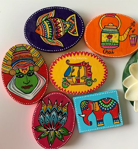 Hand painted folk art magnets. Spruce up your kitchen with fun and cute little magnets. Each magnet is painted in a unique design and style making it one-of-a-kind collectible. In order to protect from moisture and dust it is covered with varnish. A button magnet is securely glued to the back of the piece. Boho Fridge, Painted Fridge, Art Magnets, Modern Art Canvas Painting, Coaster Art, Mandala Art Lesson, Madhubani Art, Truck Art, Indian Folk Art