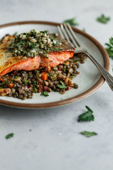 Pan Sear Salmon, French Lentil Salad, Salmon Lentils, Puy Lentil Salad, Herb Salmon, Herb Vinaigrette, French Green Lentils, Delicious Salmon Recipes, French Lentils