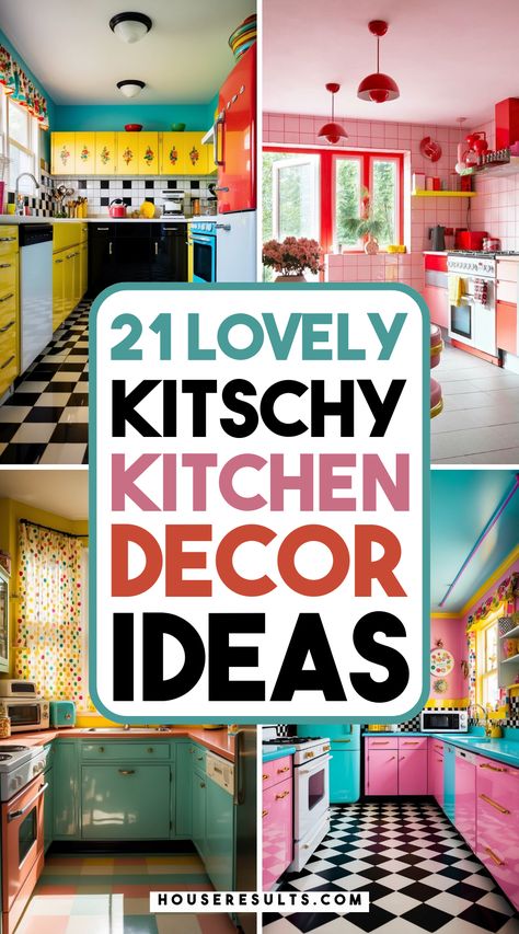 Add a touch of retro fun to your kitchen with kitschy design ideas! 🍉💫 From bold patterns to playful decor, these designs will turn your kitchen into a vibrant and cozy space. Get inspired and save this pin for your next kitchen upgrade! 📌🌈 Colorful Cottage Kitchen, Unusual Kitchens, Weird Kitchen, 1970 Kitchen, Kitchen Theme Ideas, Kitschy Kitchen Decor, Eclectic Kitchen Design, Vintage Recipe Box, Kitschy Decor