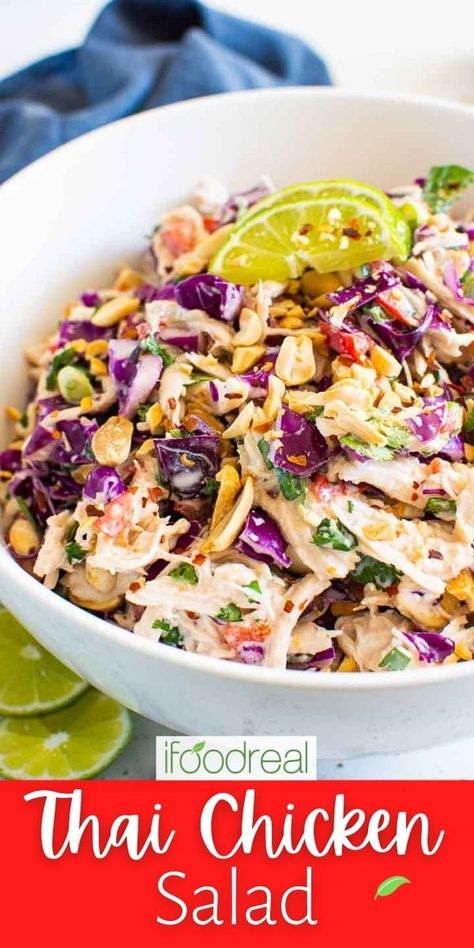 This 15 minute Thai Chicken Salad recipe is bright and full of flavor with a creamy dressing and lots of fresh, crunchy veggies. It is a perfect year-round option for an easy mid-week meal and is a healthy, wholesome, gluten free, filling Thai peanut chicken salad! Peanut Chicken Salad, Healthy Lunch Salad, Thai Chicken Salad, Thai Peanut Chicken, Bariatric Friendly Recipes, Gluten Free Salads, Creamy Dressing, Thai Peanut, Buddha Bowls